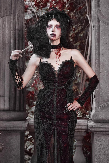 Black and Red Sleeveless High-Waisted Ruffle Lace Gothic Fishtail Dress