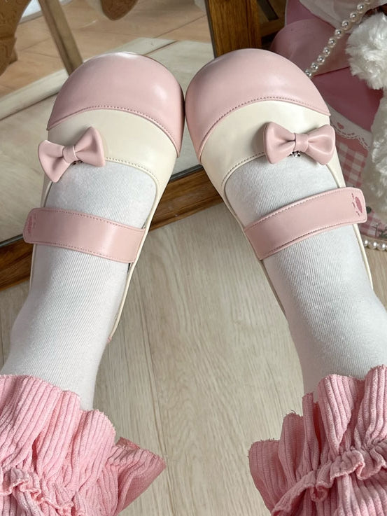 Pink Beige Velcro Flats Strap Paw Round with Toe Embroidery Bear Closures Sweet