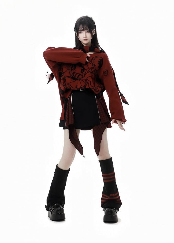 赤いストライプ柄の黒いニットレッグウォーマー