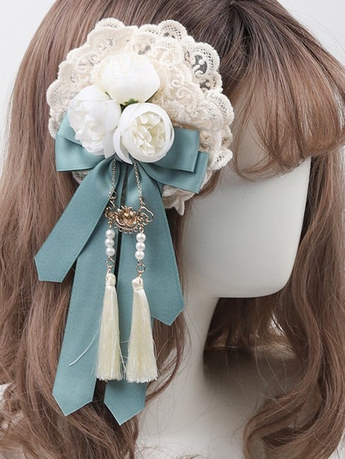 Tassel Dusty Green/Dusty Lace Flower Bowknot Lolita Blue Brooch/Hairclip