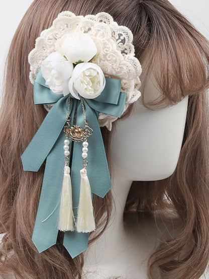Tassel Dusty Green/Dusty Lace Flower Bowknot Lolita Blue Brooch/Hairclip