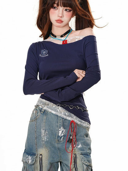 Aprikose/königsblaues, schmal geschnittenes Oberteil mit Spitzenakzenten und asymmetrischem Ausschnitt