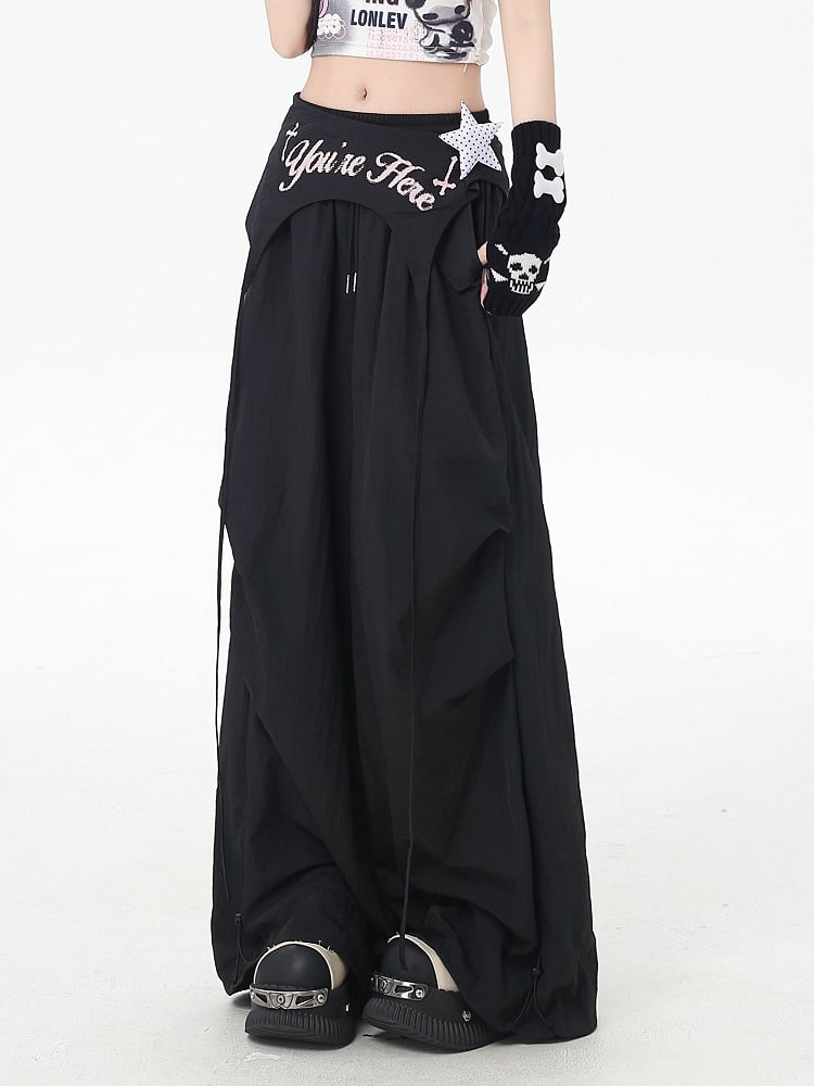 Black Punk Pants Accessory Waist Asymmetrical with Drawstring Waist Wasteland