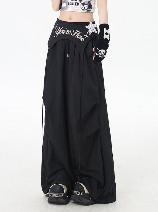 Black Punk Pants Accessory Waist Asymmetrical with Drawstring Waist Wasteland
