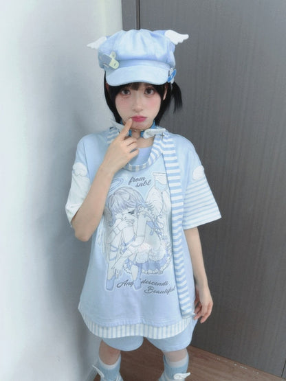 Blaues T-Shirt mit Flügel-Applikationen und Anime-Mädchen-Print und gestreiftem Schal