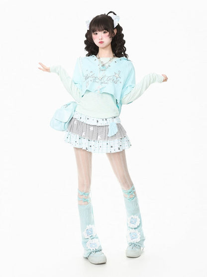 Blue Cropped V Neck Short Sleeve Hooded Letter Embroidered Top - Languid Park