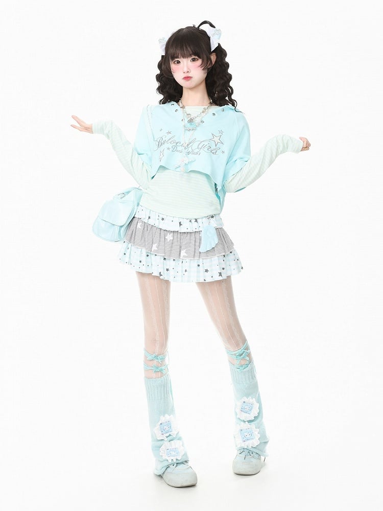 Blue & Apricot Striped Round Neck Long Sleeve Layering Top - Languid Park