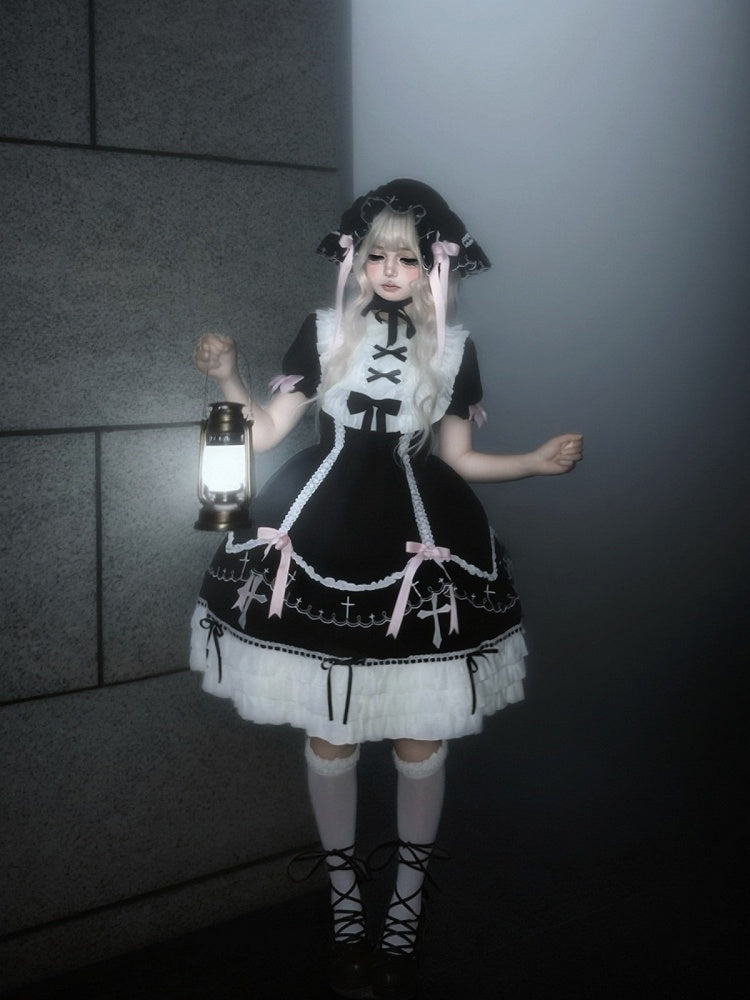 Short Sleeve Peter Pan Collar Lolita OP with Cross & Bow Accents in Black & Pink - MUYU