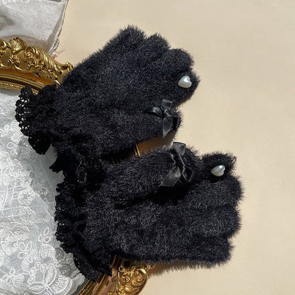 Heart Black Warm White Bead Bow with Accents and Gloves / Trim