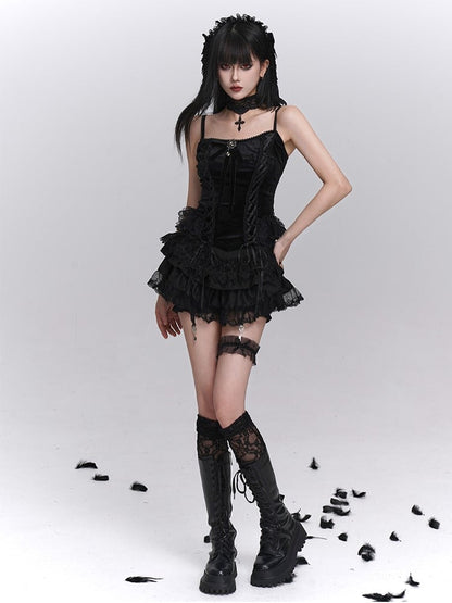 mit Spitzenrock Stufenrock Gothic Puff Mini Muster Kreuz Schwarz