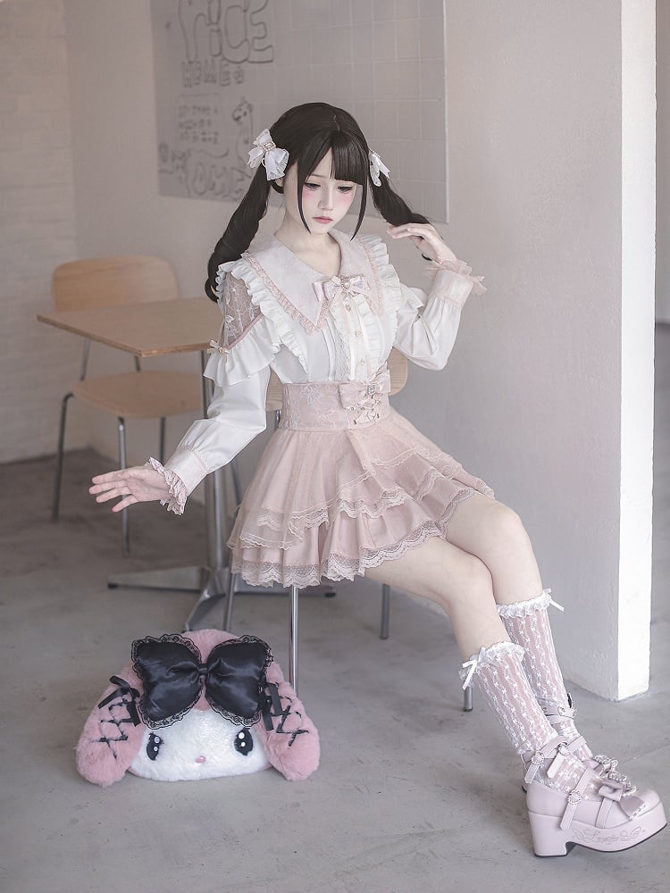 Jirai Cutouts Delicate with Blouse and Kei Sweetness White Pink Lace Flat Collar Pointed