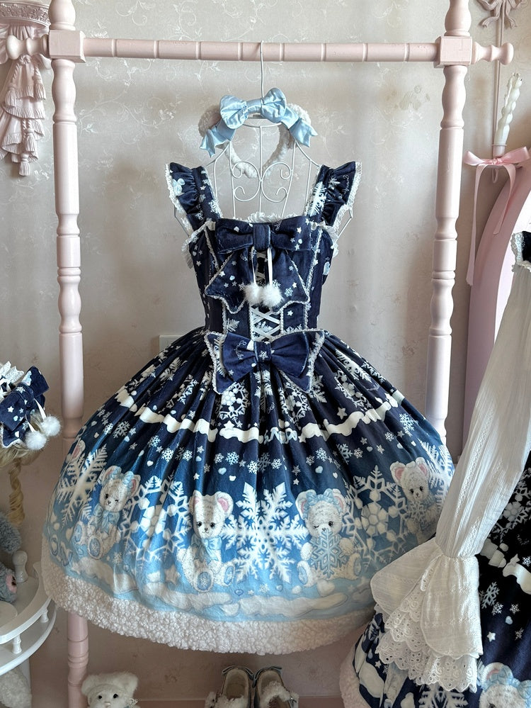 Teddy and Snowflake Print Dark Blue-Light Blue Gradient Winter Sweet Lolita Dress with Fleece Hemline