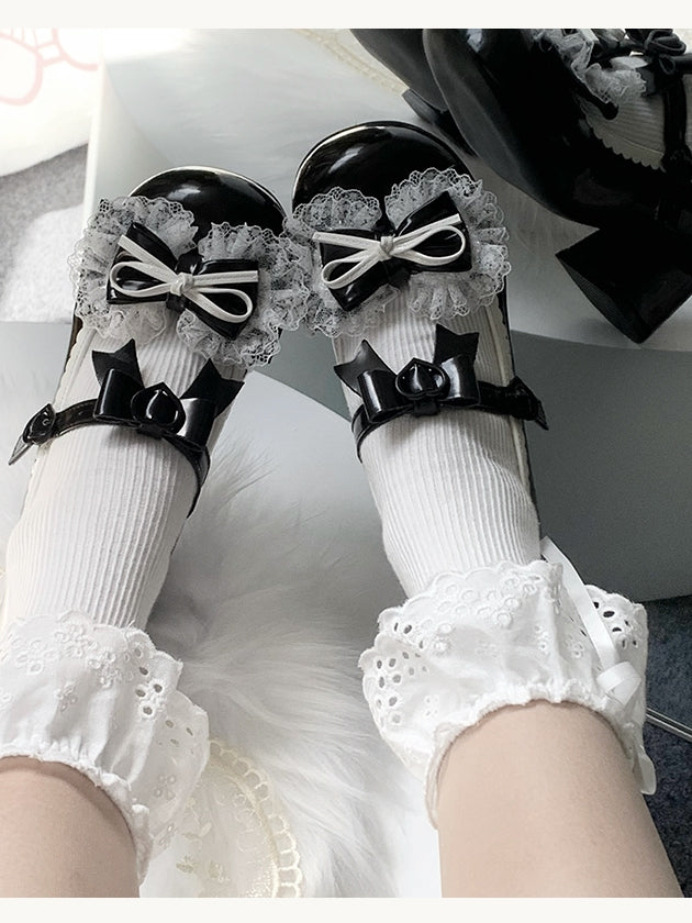 at Toe Trim - Schuhe Mittelhoher Absatz Spitze Runde PU-Oberseite Schwarze Schleife