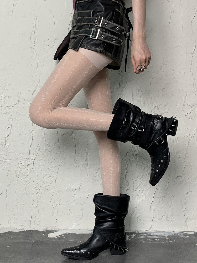 White/Black/Pink Floral Tights Y2K Polka-dot and Pattern