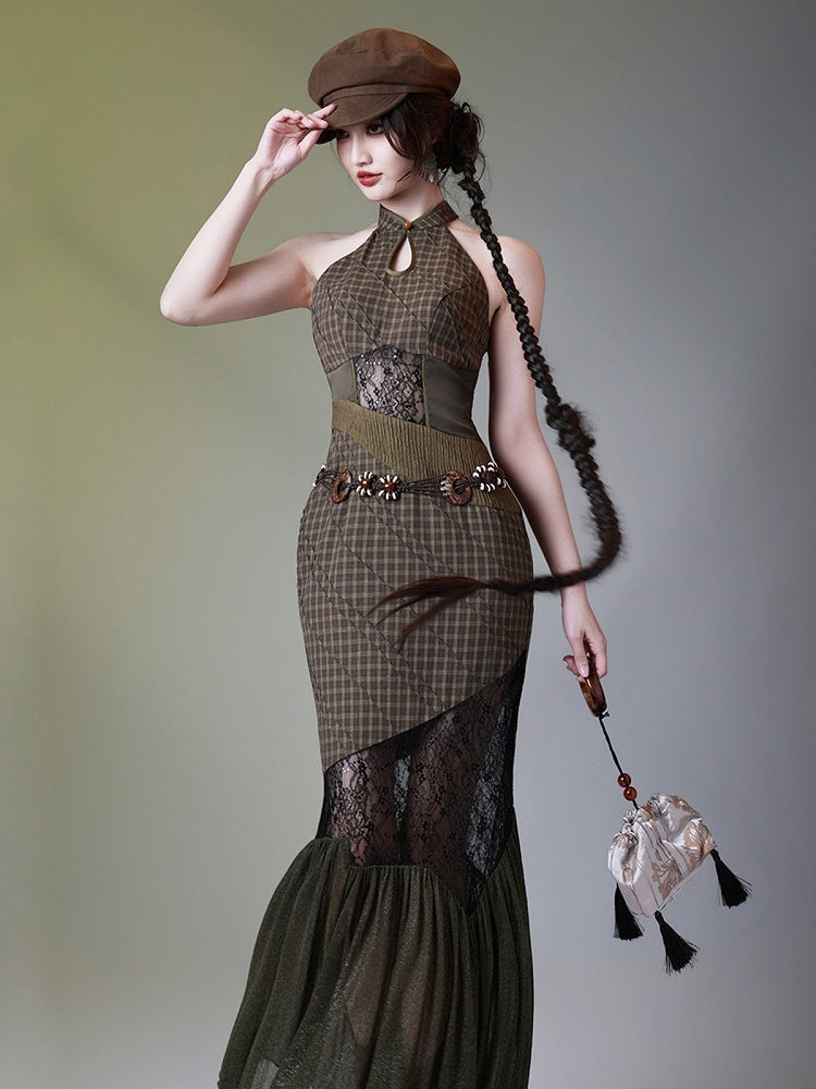 Modern Patchwork Qipao Long Dress with Plaid and Lace - sijinstudio