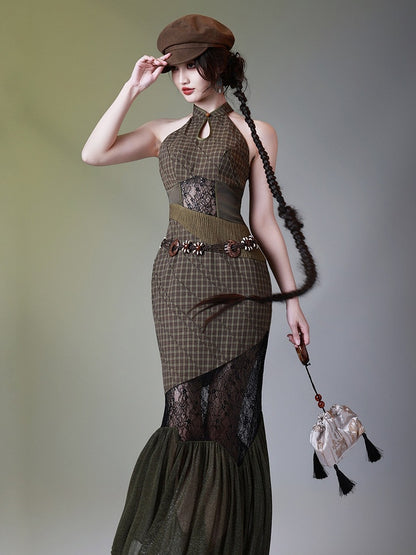 Modern Patchwork Qipao Long Dress with Plaid and Lace - sijinstudio