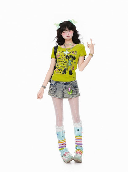 Green Fitted T-Shirt with Cartoon Girl