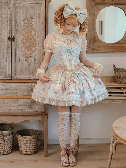 Blaues Lolita-Print-Kätzchen-Korsett, süßes Set, Teeparty-Babykleid, JSK, volles Mieder