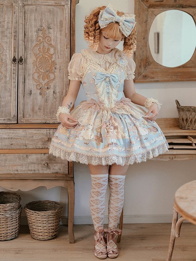 Blauer Tee Mieder Baby Jumper Print Kitty Sweet Rock Lolita Party Korsett Kleid