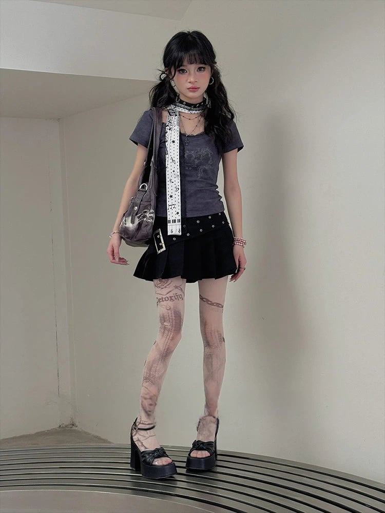 Asymmetrical Grunge Print Tights - Edgy Artistic Tattoo Style, Nude & White