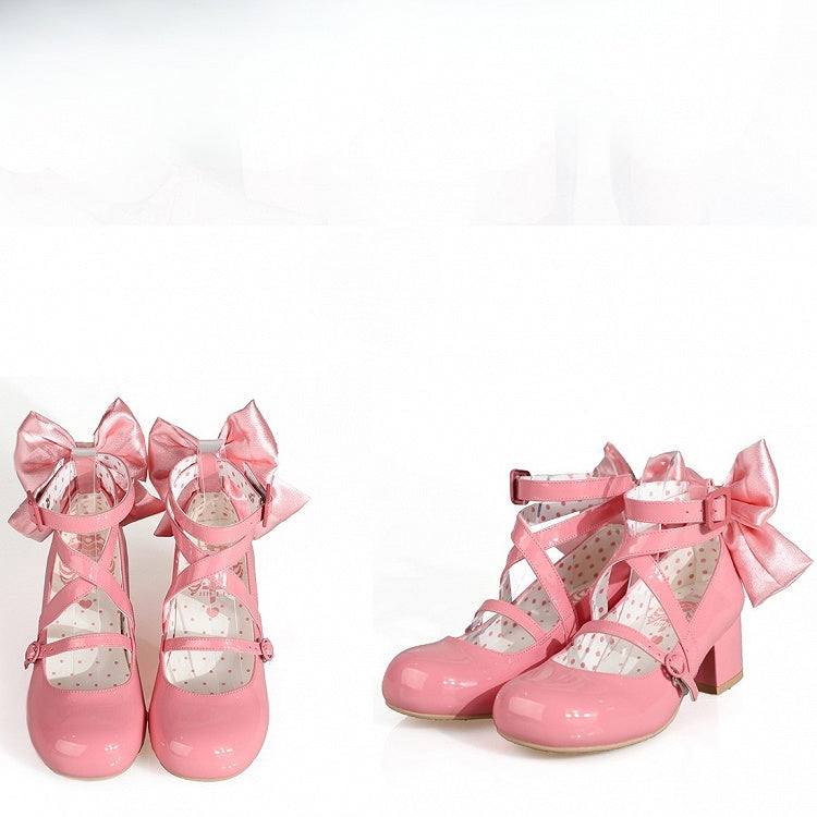 PU - Accent Sweet Bow Design Deep Crisscross Mid-heel Lolita Pink Shoes