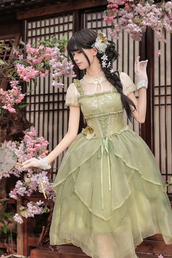 Green Teardrop Cutout Neck Chinoiserie Lolita OP Dress - With PUJI