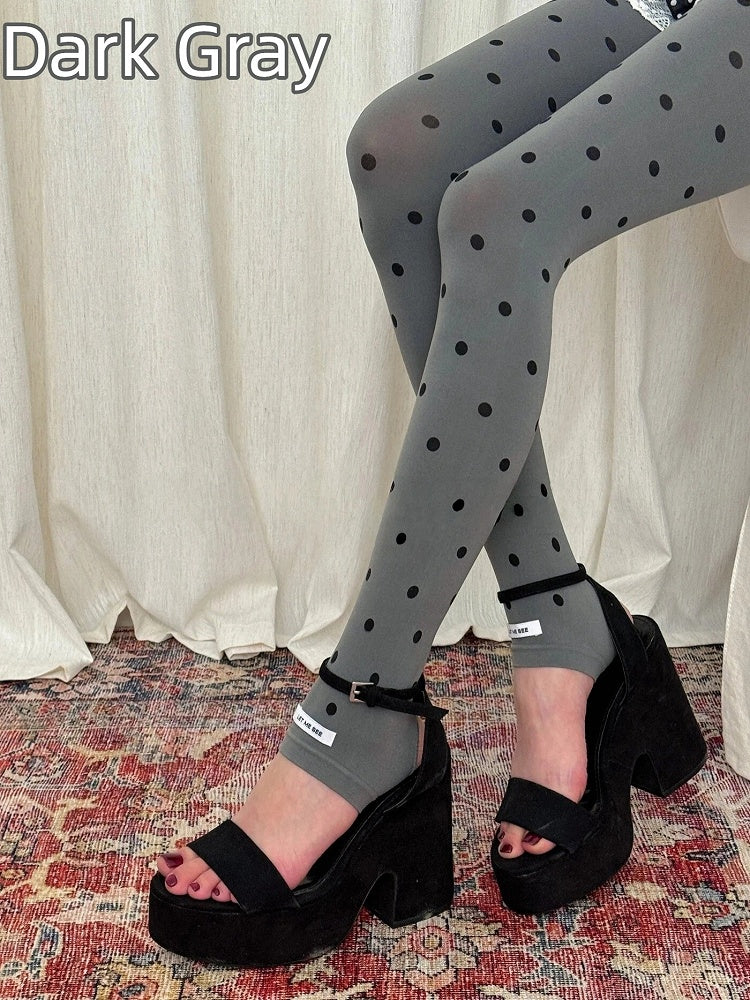 / Polka Dot (Vintage Edgy Footless Tights Light Style) Dark Gray