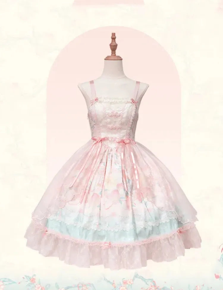 Rosa Lolita-Kleid mit baskischer Taille, Pfirsich- und Pfirsichblüten-Print JSK