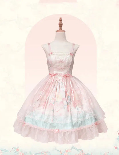 Rosa Lolita-Kleid mit baskischer Taille, Pfirsich- und Pfirsichblüten-Print JSK