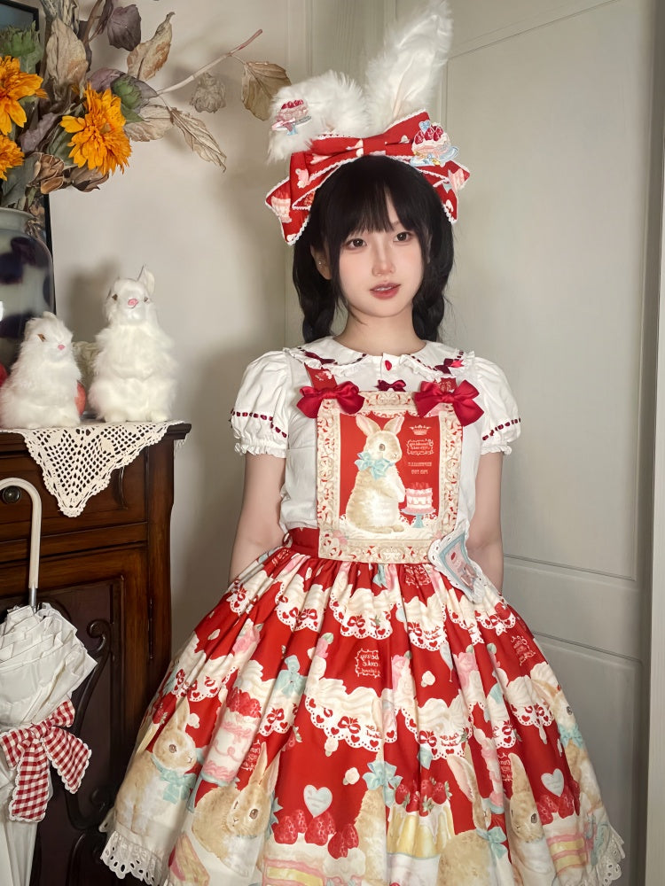 白と赤のハートボタン付きパフスリーブのスイートロリータブラウス