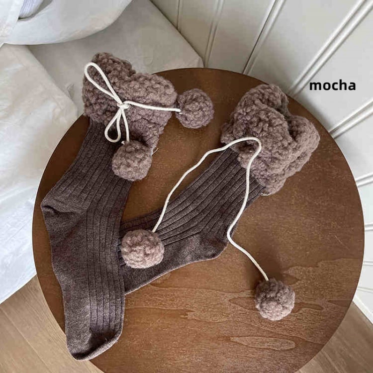 Lolita-Baumwollsocken mit Fleece-Bündchen und Pompons