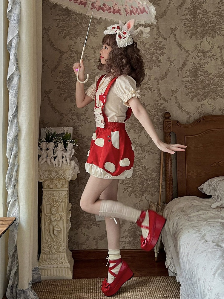 Fleece Detachable Spot Straps White Red Applique with Short Lolita Mushroom Sweet Bubble
