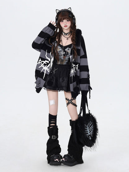 Hooded Striped Gray Fur Detachable Faux Zip Trim Punk Black with Sweater
