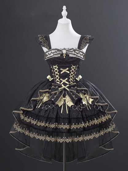 Tulle Lolita Tiered Jacquard Gorgeous with Overlay Black Gold JSK Gothic
