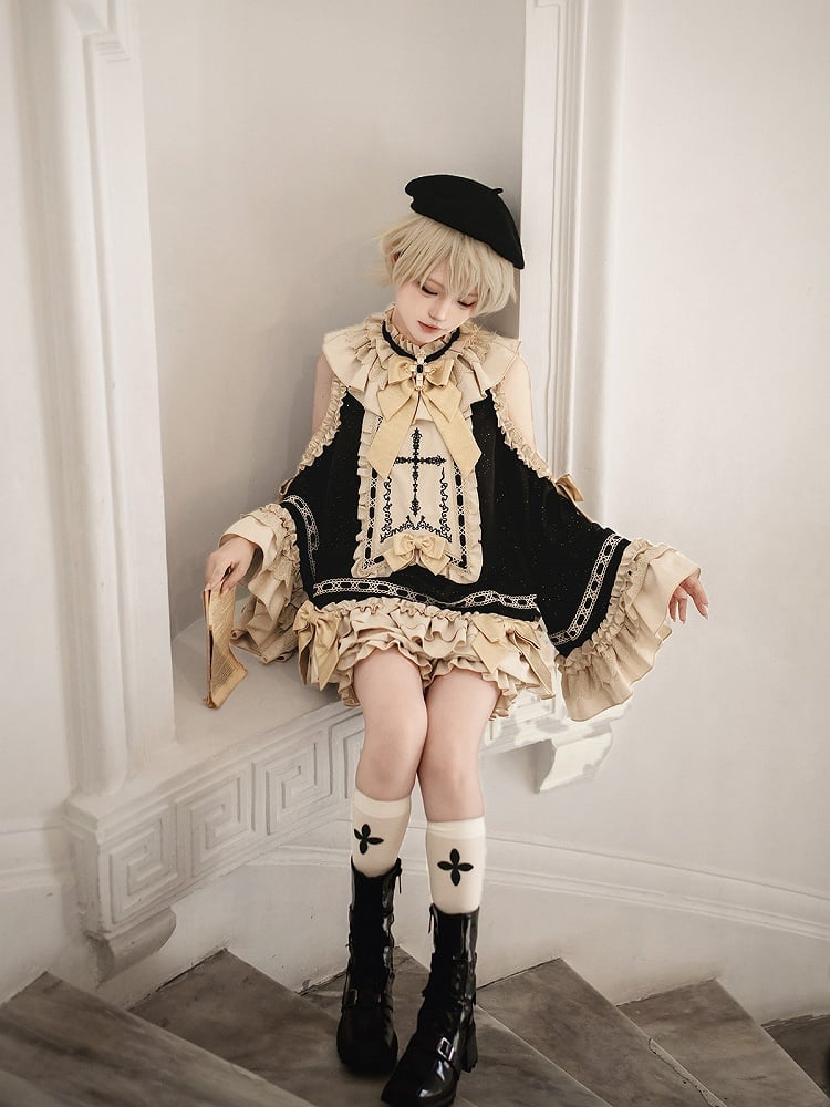 Black & Golden Cross Embroidery Cutout Shoulder Ruffled Ouji Lolita Top with Bloomers Set - Unknown Star