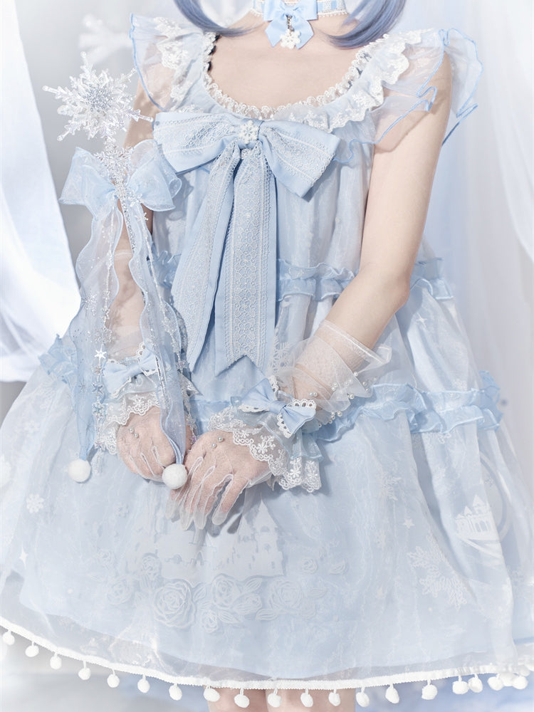 Hellblaue Handgelenksmanschetten mit Schleife und Spitze