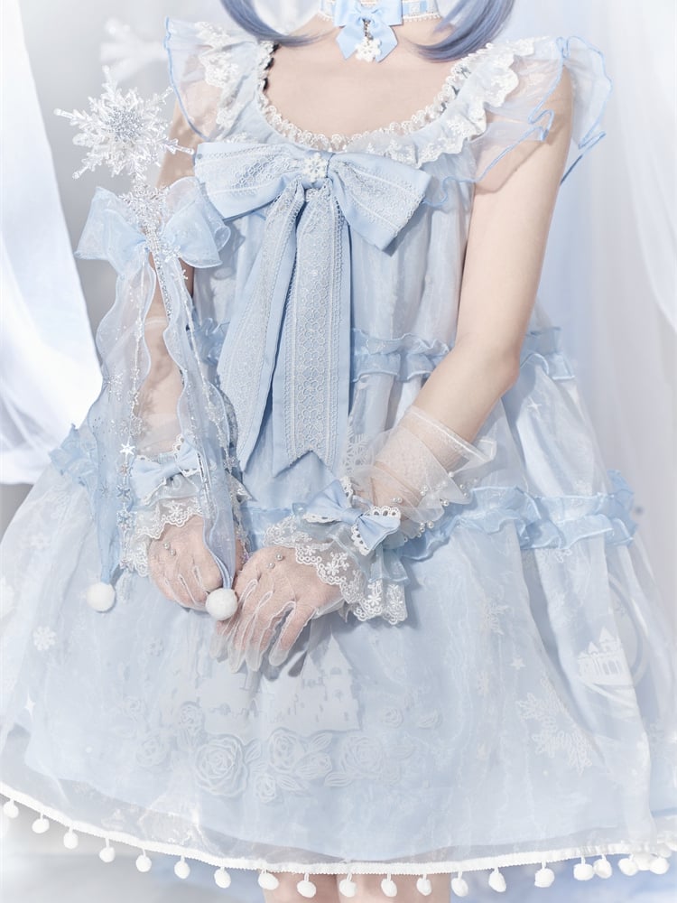 ライトブルーのスノームーンキャッスルオーバーレイポンポントリムドレススイートロリータジャンパースカート
