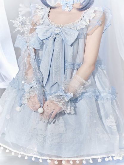 ライトブルーのスノームーンキャッスルオーバーレイポンポントリムドレススイートロリータジャンパースカート