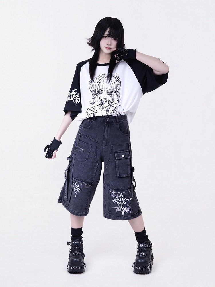 Dark Style Washed Gray Cargo Cropped Denim Pants with Embroidery Detail - Tribuo Flos