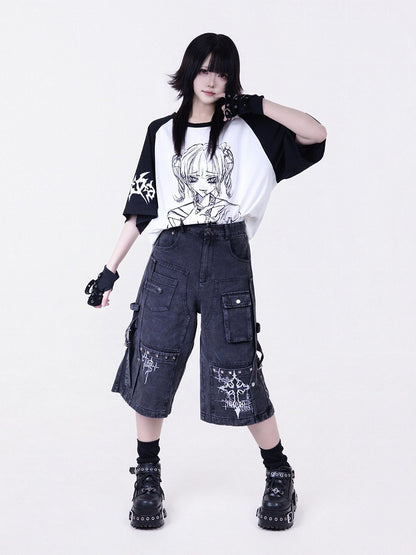 Dark Style Washed Gray Cargo Cropped Denim Pants with Embroidery Detail - Tribuo Flos
