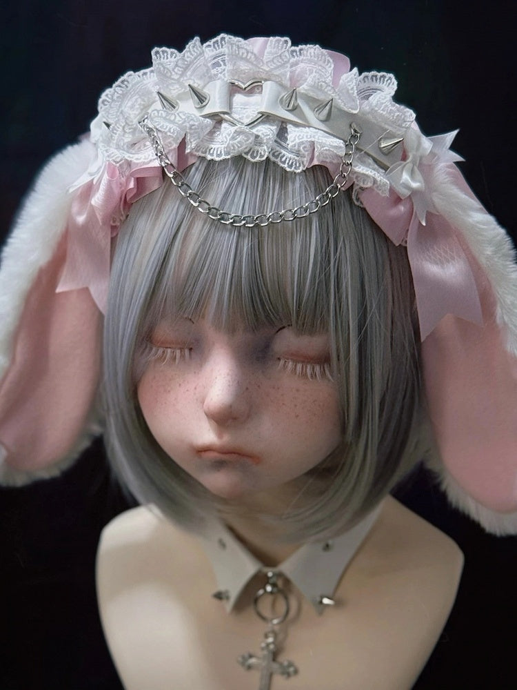 Bunny Strap Leather Ear with Pink Droopy KC White Rivet Plush