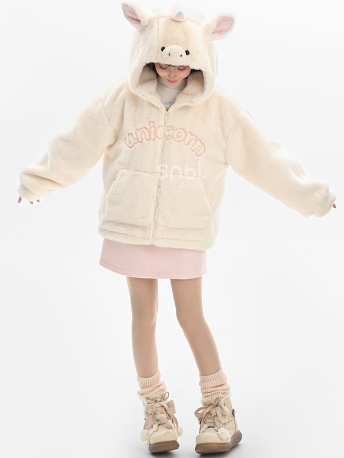 Beigefarbener Fleece-Kapuzenpullover mit Buchstabenmuster und Einhornkopf