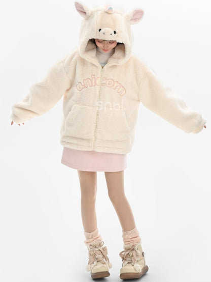 Beigefarbener Fleece-Kapuzenpullover mit Buchstabenmuster und Einhornkopf