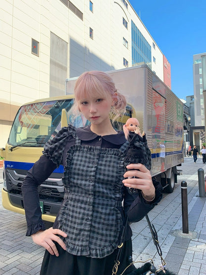 Top Ruffled Apron Black/White Peter with Pan Collar Faux Two-Piece