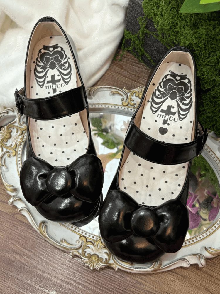 Mary Black - Bow Heel Buckle Heart Low Janes Sweet Lolita Toe at Top Round PU