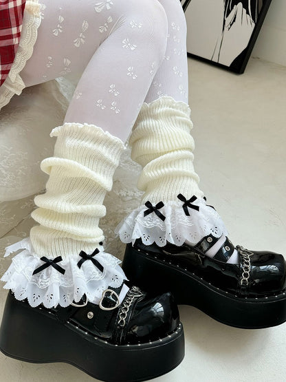White Bow Lace Trim Lolita Leg Warmers