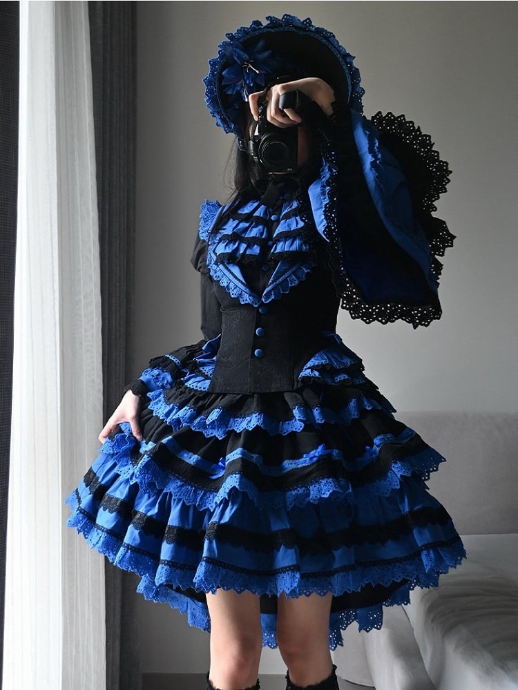 Mehrlagiger Lolita Gothic Blauer Taillenrock Hoher Schwarzer Klein und Korsett