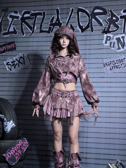 with Sleeves Applique Denim Punk Cutout Pink Y2K Dusty Bishop Jacket Crop Pastel Heart Distressed