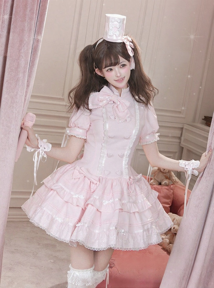 Adorable Pink OP Dress with Heart Buttons, Puff Sleeves, Lace & Bow Accents - Cat Cake