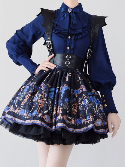Vintage Navy Flounce Hem Lolita Blouse with Leg-of-Mutton Sleeves - Time Memory